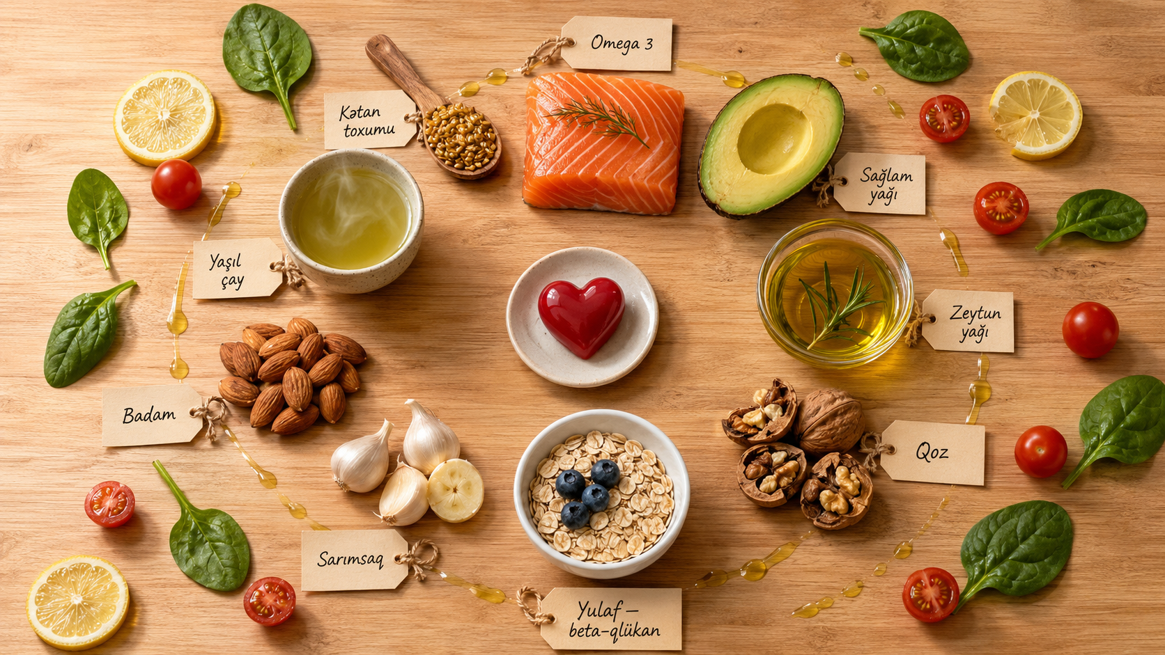Xolesterol dusurme qidalar — omega 3 baliq yagi zeytun avokado yulaf qoz yasil cay